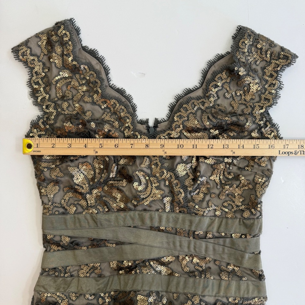 Tadashi Shoji Bronze Olive Sequin Lace Sheath Cocktail Dress Sz 4 Art Deco‎ Glam - Picture 14 of 16